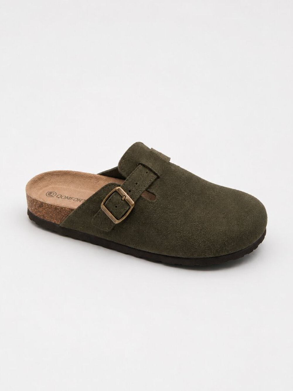 Qomfort Olive Suede Cork Clog Mules Adjustable Buckle Comfort Slides Sz 40